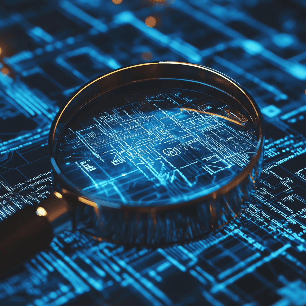 Magnifying glass scanning digital blueprint – symbolising early-stage cybersecurity posture evaluation